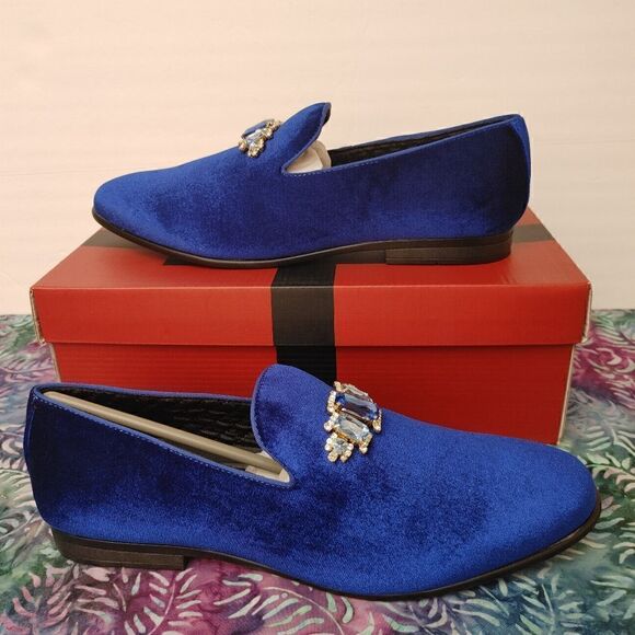 MEN'S AMALI FAUX VELVET SLIP ON LOAFER WITH JEWELED BIT AND MATCHING PIPING. 12D - Picture 3 of 8